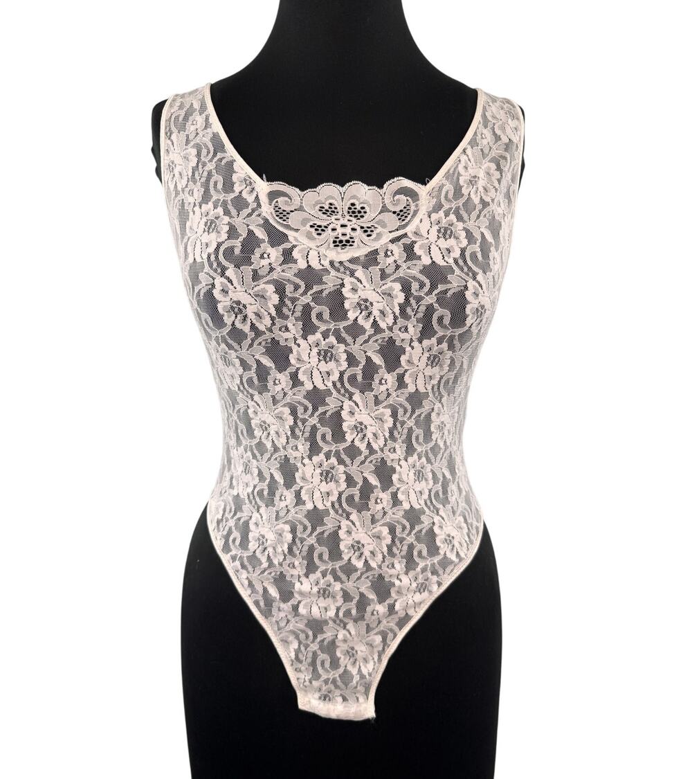 VINTAGE Bari Off White Bodysuit Floral Lace Sheer Scoop Neck Size Large L VTG